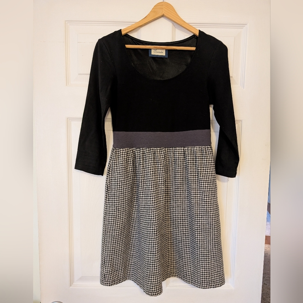 Emmelee for F.C. Black and Gray Houndstooth Long Sleeve Dress Wool Blend Size S